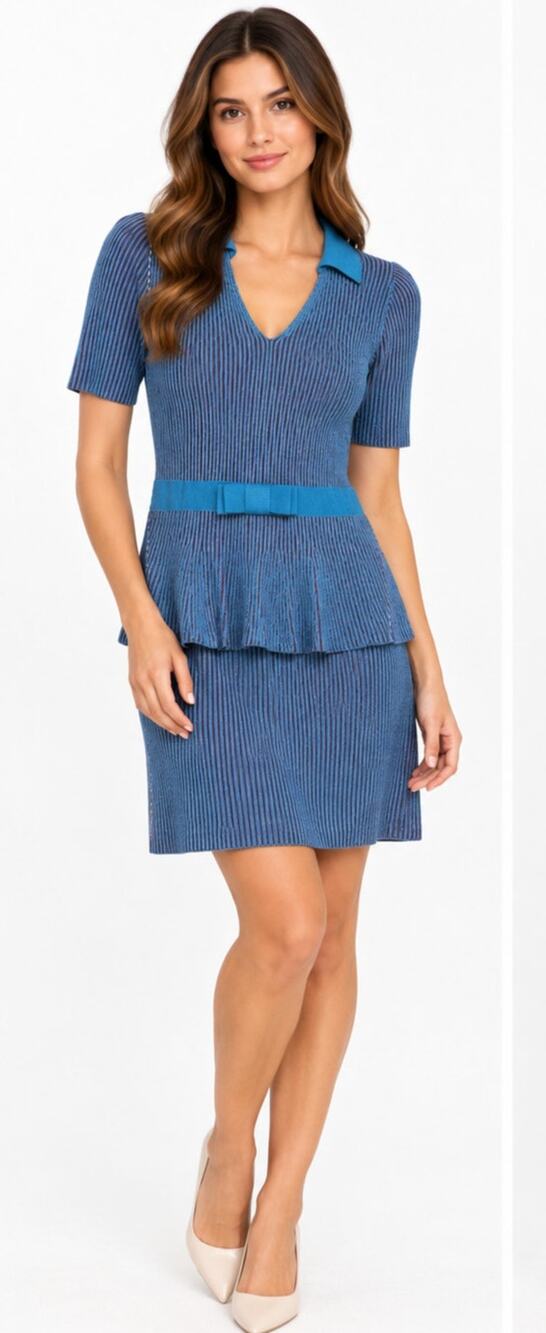 NANETTE LEPORE BLUE BURGUNDY STRIPED PEPLUM KNITTED DRESS SZ M